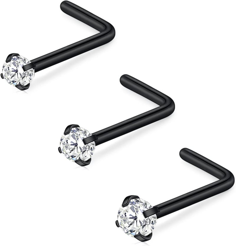 D.Bella 16G 18G 20G 22G L Shaped Nose Studs Surgical Steel 1.5mm 2mm 2.5mm 3mm Clear Colorful Diamond CZ Nose Rings Studs Nose Rings for Women Nose Nostril Piercing Jewerly Silver Gold Rose Gold Black - Image 1